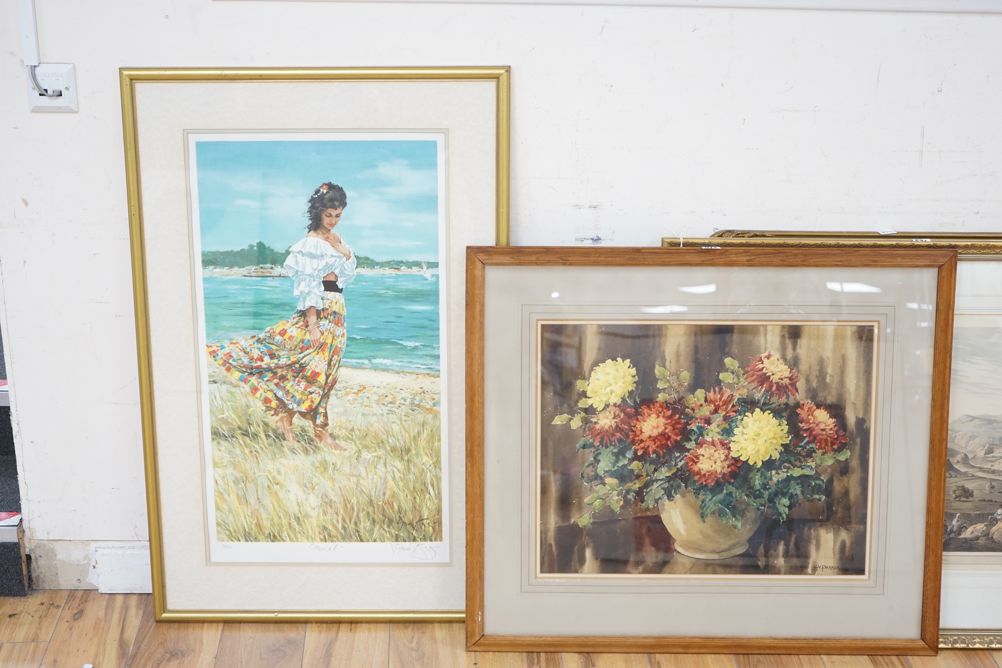 Cyril Victor Parker, R.I. (1897-1984), watercolour, 'Chrysanthemums', signed, 46 x 59cm and a limited edition print by Gordon King, 'Carmel', 81 x 45cm